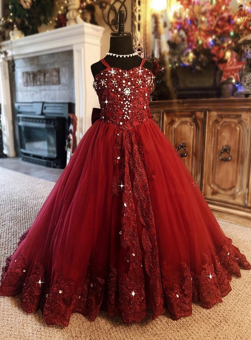 Cute Red Flower Girl Dress Spaghetti Rhinestone Applique Wedding Party Tulle Ball Gown Sleeveless Floor Length Princess Girl Dresses Fl014