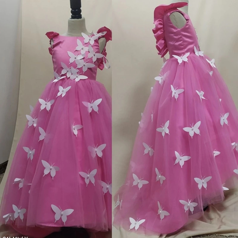 Hand Made Butterfly Pearlsflower Girl Dresses For Wedding Elegant Birthday Dress Short Sleeve Ball Gown Tutu Cute Princess Kids Gown Fl016