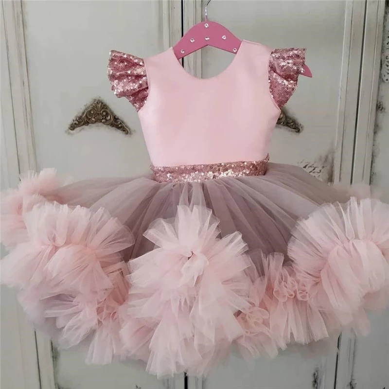 Custom Made Pink Baby Girls Dresses Knee Length Puffy Toddler Infant Birthday Gowns Tutu Flower Girl Dresses With Sequin Bows Fl017