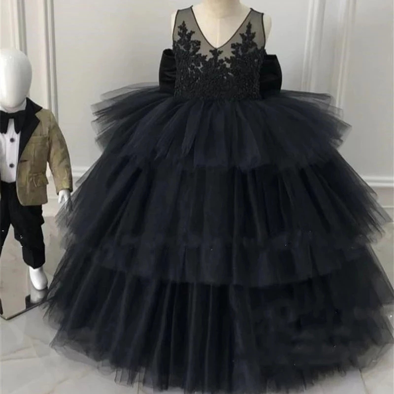 Cute Baby Girls Birthday Dresses Ball Gown Lace Sequined Beaded Plus Size Tulle Girls Pageant Party Gown With Bow Fl018