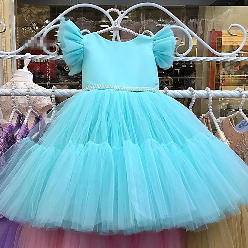 Bohemian Blue Flower Girl Dresses For Wedding With Pearls Kids Pageant Cake Birthday Party Gowns First Holy Communion Customes Fl021