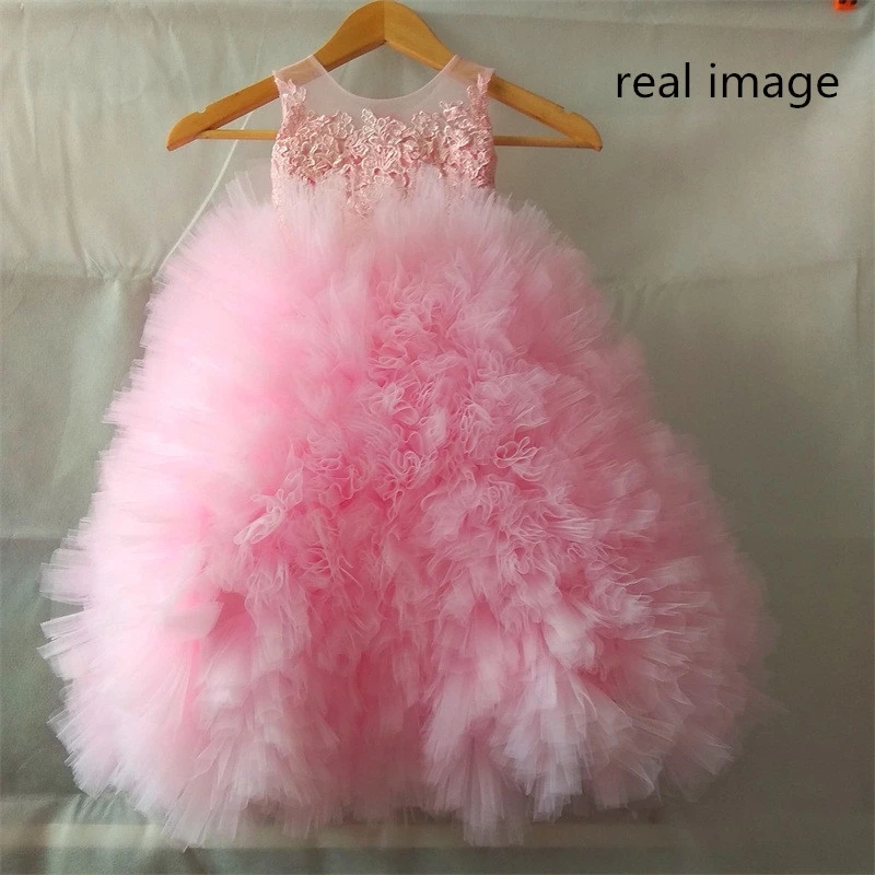 Custom Pink Tiered Lace Princess Flower Girl Dresses For Wedding Kids Children First Communion Ball Gowns Party Pageant Wear For Girl Fl023