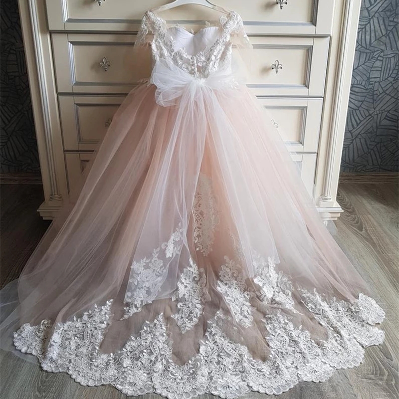 Custom Cute Flower Girl Dresses With Long Train O-neck With Lace Wedding Gowns For Kids Birthday Party Girl Dresses Fl024