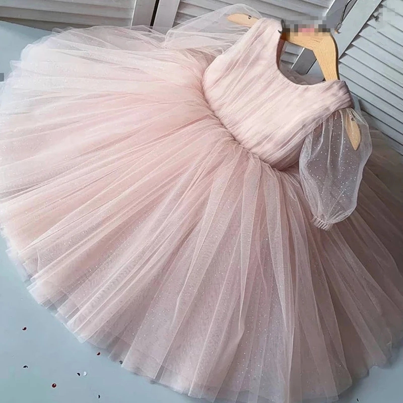Cute Puffy Pink Flower Girl Dress Bling Tulle Pricess Kids Birthday Party Dress Knee Length Girl Wedding Prom Gowns Fl025