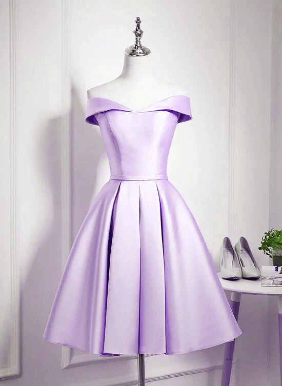 Off-shoulder Lavender Satin Pleated Dress E