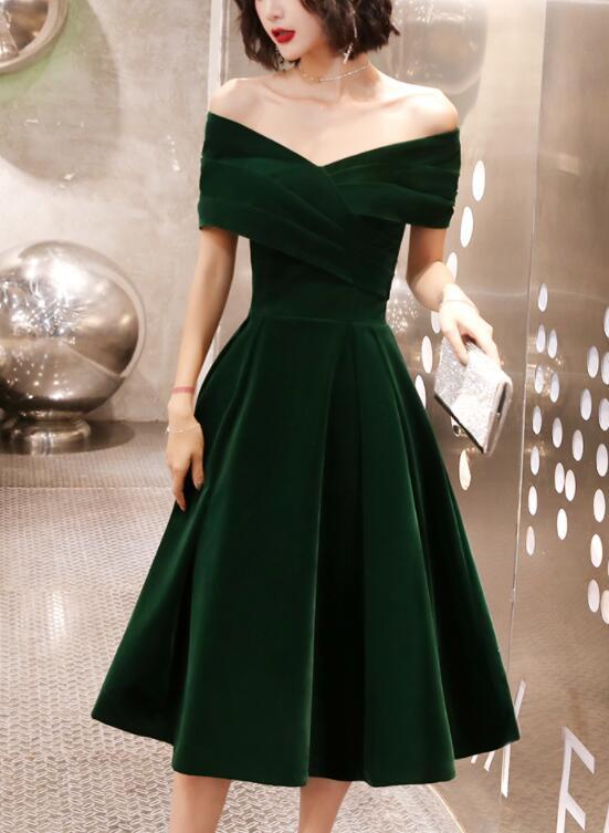 Green Velvet Off Shoulder Vintage Style Bridesmaid Dress, Tea Length Party Dress M293