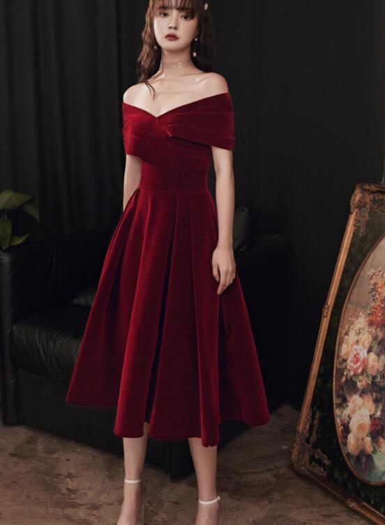 Charming Wine Red Off Shoulder Velvet Tea Length Party Dress, Short ...