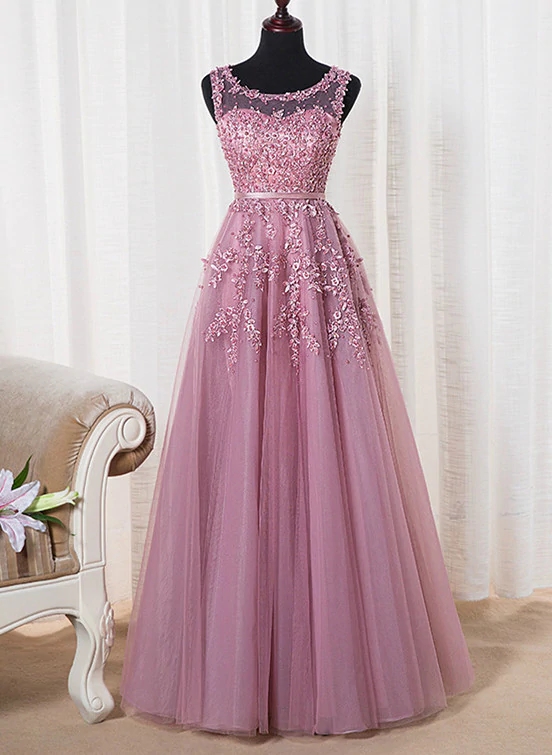 Beautiful Pink Tulle Round Neckline Long Party Dress, A-line Floor Length Prom Dress M315