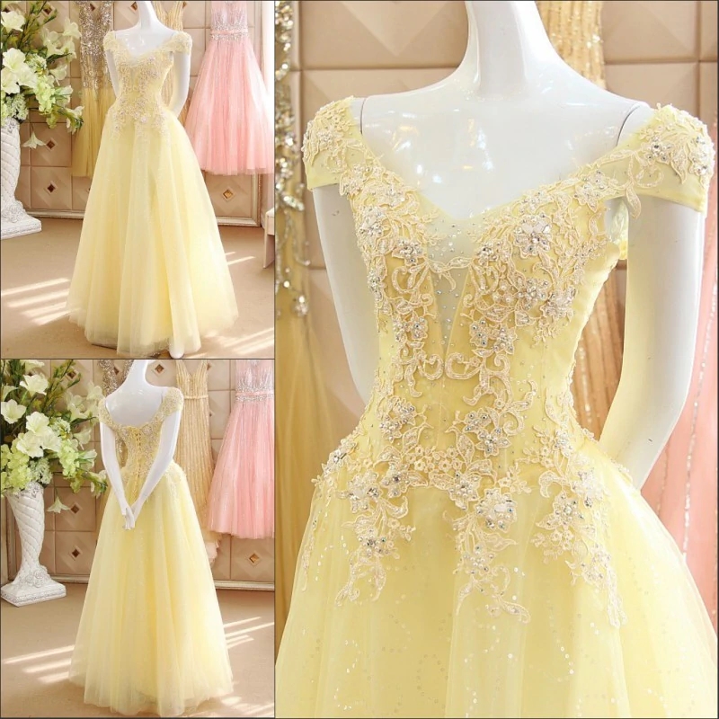 Yellow Floral Lace Off-shoulder Formal Gown