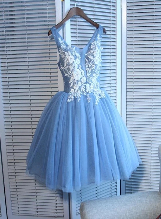 Cute Blue Tulle Short Knee Length Homecoming Dress, Blue Prom Dress M322