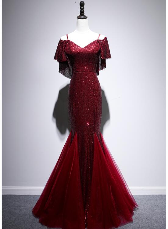 Beautiful Dark Red Sequins Mermaid Straps Long Party Dress, Fashionable Prom Dress M349