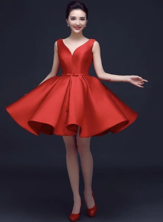 white christmas dresses Cute Red Spaghetti Straps Backless Stain Pleated Homecoming Dresses with  Pocket, Red Tea Length Prom Dresses, Formal Dresses main image 0
