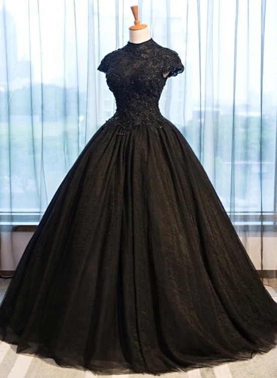 Beautiful Black Cap Sleeves Long Tulle Party Dress, Black Prom Dress M353