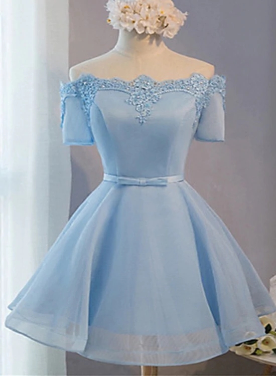Blue Short Sleeves Lace Applique Homecoming Dress, Blue Prom Dress M354