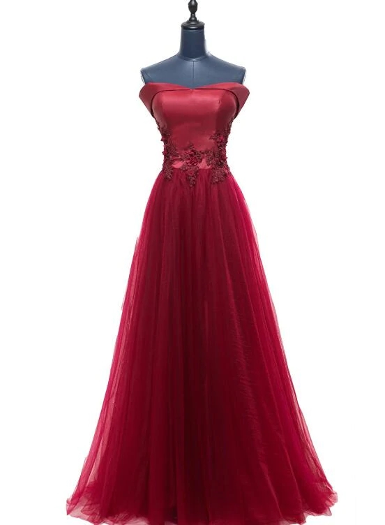 Wine Red Off Shoulder Satin and Tulle Long Prom Dress, Sweetheart Evening Gown M364
