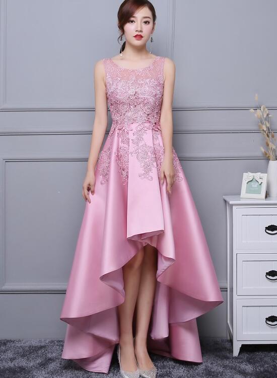 Beautiful Pink High Low Satin And Lace Homecoming Dress, Cute Short Prom Dress M365