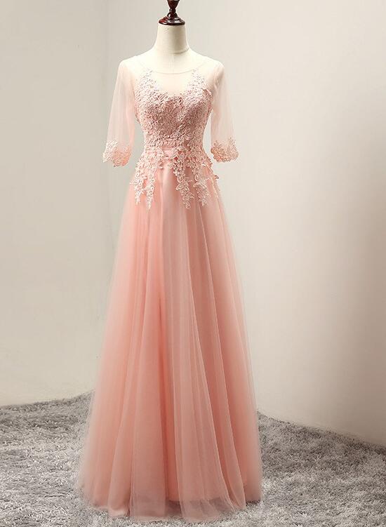 Pink Tulle Elegant Party Dress With Lace Applique, Long Evening Gown M366