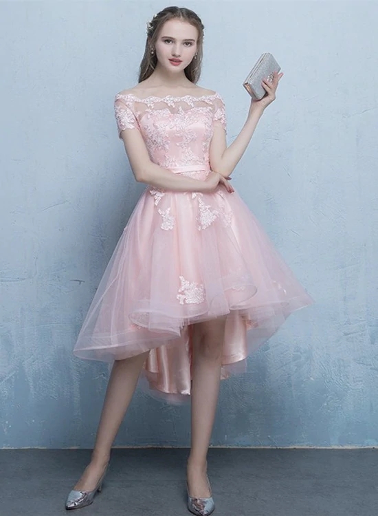Pink Off Shoulder Tulle High Low Homecoming Dresses, Short Pink Prom Dress N08