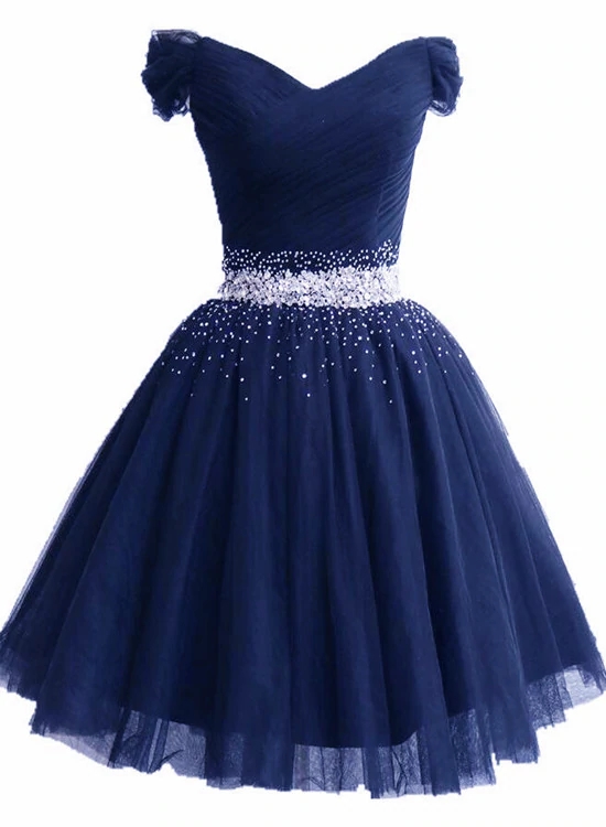 Lovely Off Shoulder Navy Blue Beaded Homecoming Dress, Short Prom Dress N010