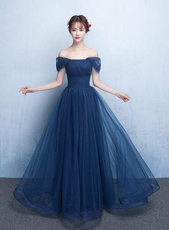 Navy Blue Off Shoulder Princess Long Party Dress, A-line Junior