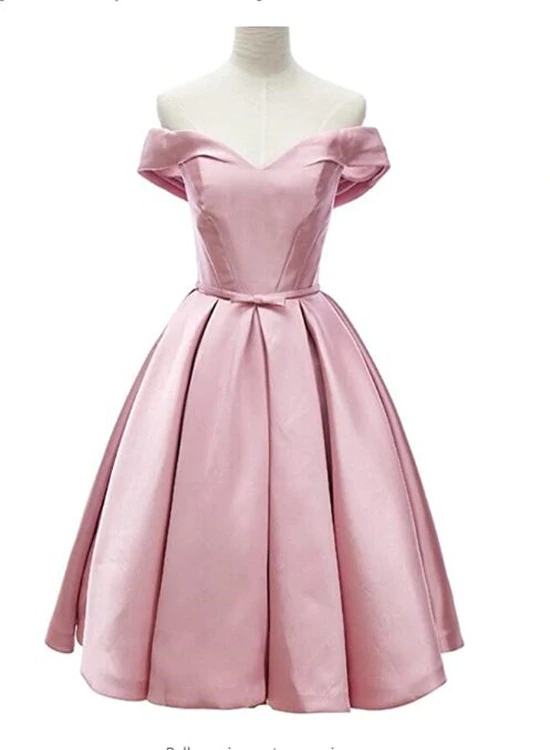 Pink Satin Sweetheart Knee Length Party Dress, Pink Homecoming Dress N046