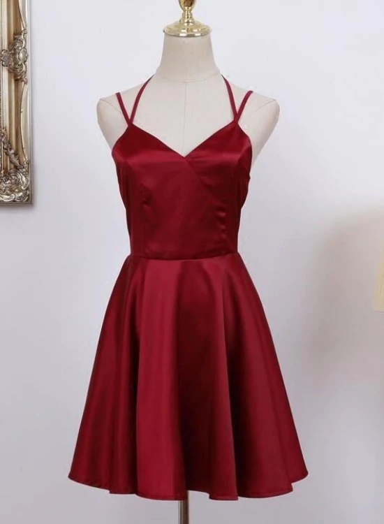 Cute Straps Dark Red Mini Party Dress, Dark Red Short Homecoming Dress N048