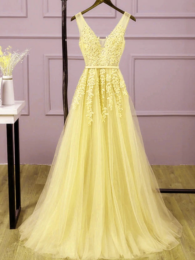 Yellow lace prom dress on sale