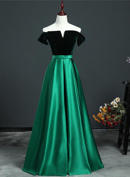 Beautiful Green Velvet And Satin Off Shoulder Party Dress, Long Prom Dress N073