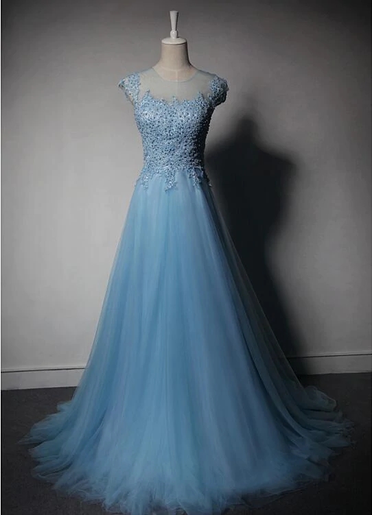 Lovely Blue Tulle Cap Sleeves Long Lace Applique Party Dress, Blue Prom Dress N077