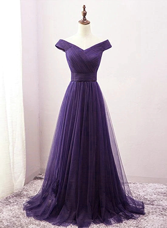 Dark Purple Sweetheart Tulle Off Shoulder Bridesmaid Dress, Long Prom Dress N081