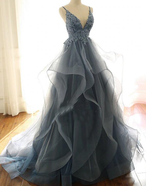 Blue Lace Top With Layers Tulle Prom Dress, Straps Evening Gown N083
