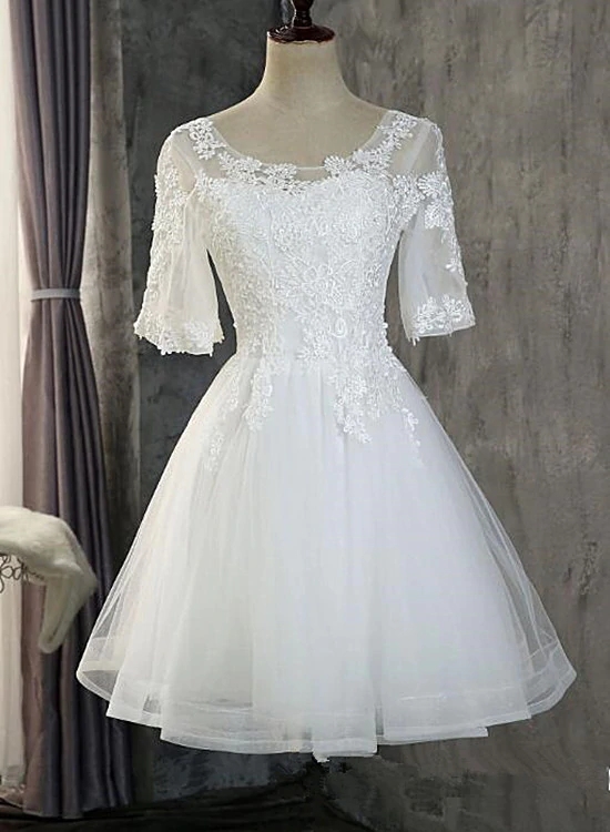 Cute White Short Sleeves Tulle With Lace Party Dress, Short Graduation Dress N084