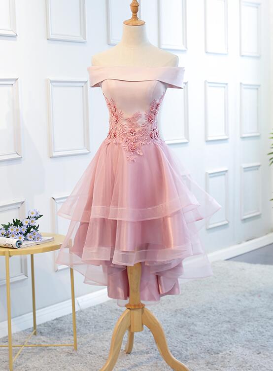 Lovely Off Shoulder Tulle Pink Layers Party Dress, High Low Party Dress N085