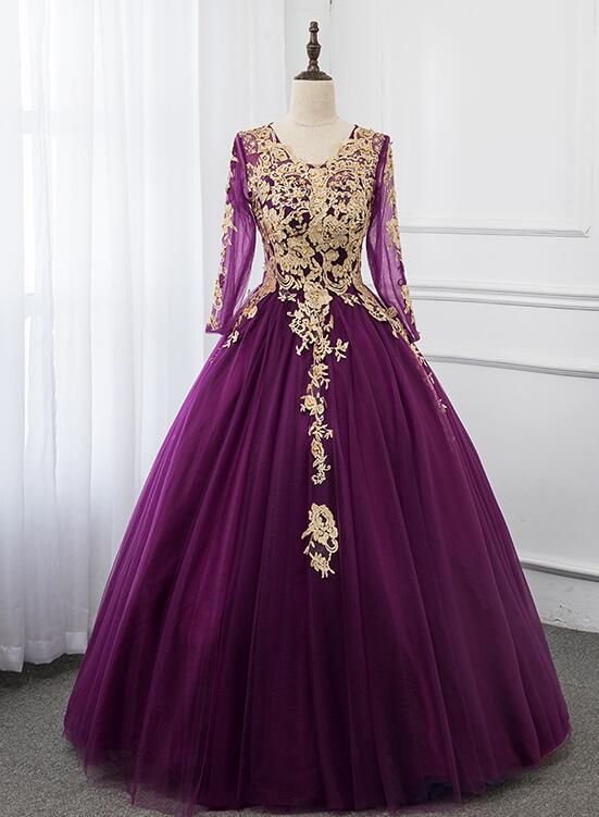 Beautiful Purple Tulle Long Sleeves With Lace Applique Party Dress, Long Formal Dress N087