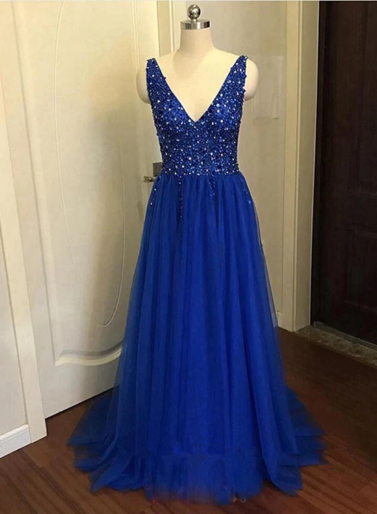 Lovely Tulle V-neckline Blue Long Prom Dress, Party Dress N089