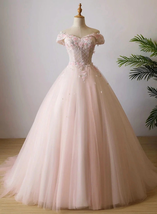Cute Light Pink Tulle Flowers Off Shoulder Party Dress, Sweet Gown N093