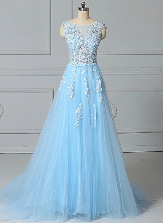 Beautiful Light Blue Tulle Long Party Gown, Prom Dress N094