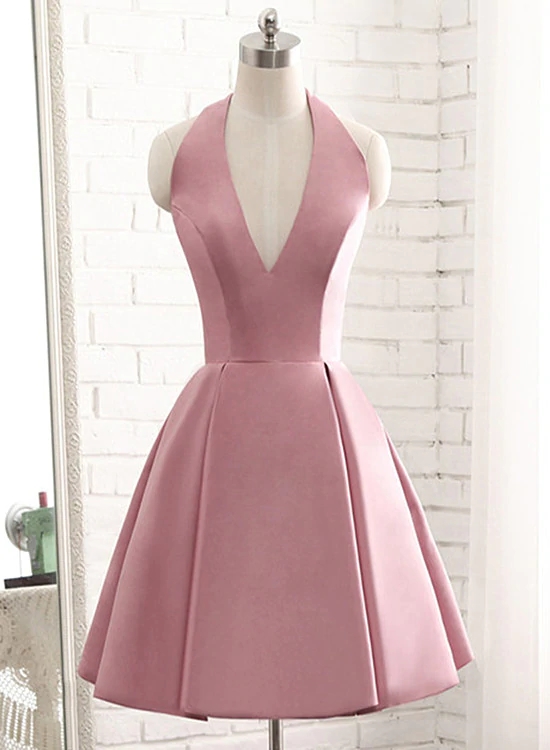 Pink Satin Halter Knee Length Party Dress, Pink Homecoming Dress N095