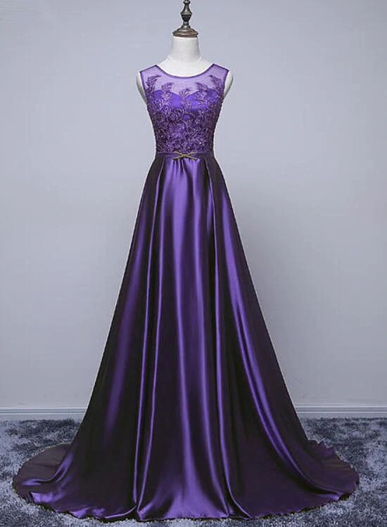 Beautiful Purple Long Round Neckline Prom Dress, Satin Wedding Party Dress N096