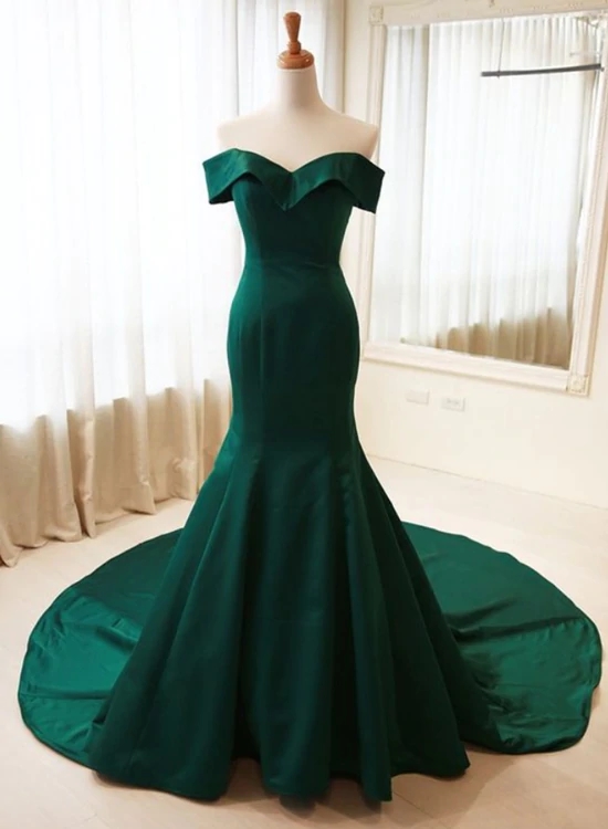 Dark Green Satin Long Party Dress, Mermaid Off Shoulder Prom Dress N097