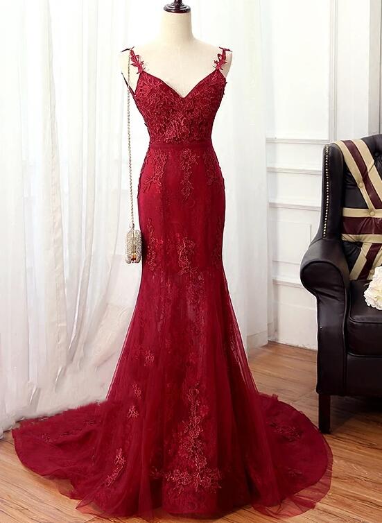 Elegant Burgundy Mermaid Lace Prom Dresses, Wine Red Evening Gowns N098