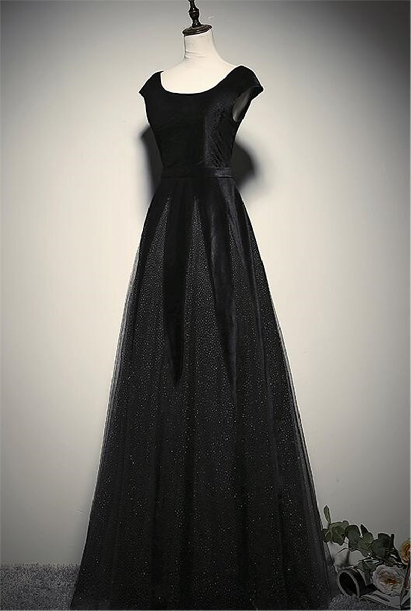Hand Made Custom Elegant Black Velvet Cap Sleeves Evening Dress Prom Dress F01