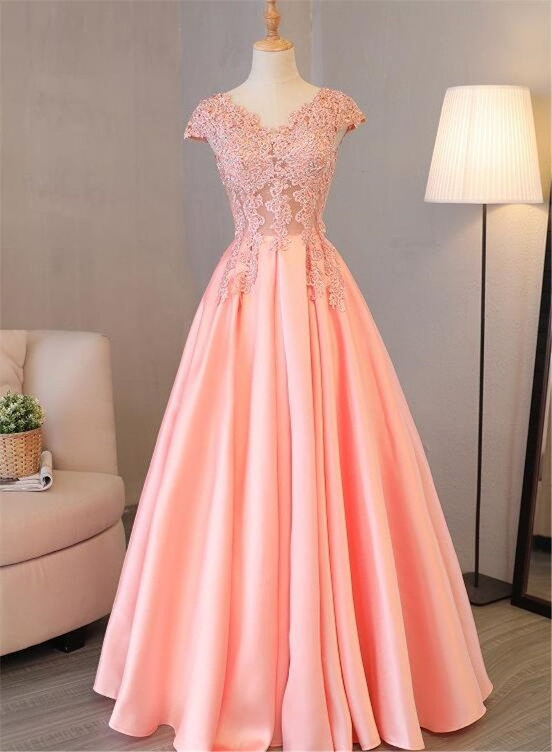A Line Pink Satin With Lace Bodice Party Dress Evening Dress Cap Sleeves Prom Dress F48