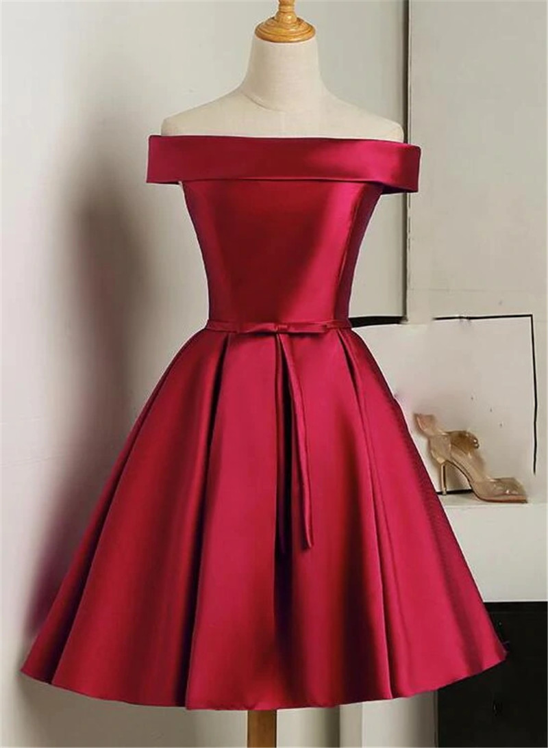 Cute Hand Made Short Satin Party Dress Red Off Shoulder Prom Dress F49