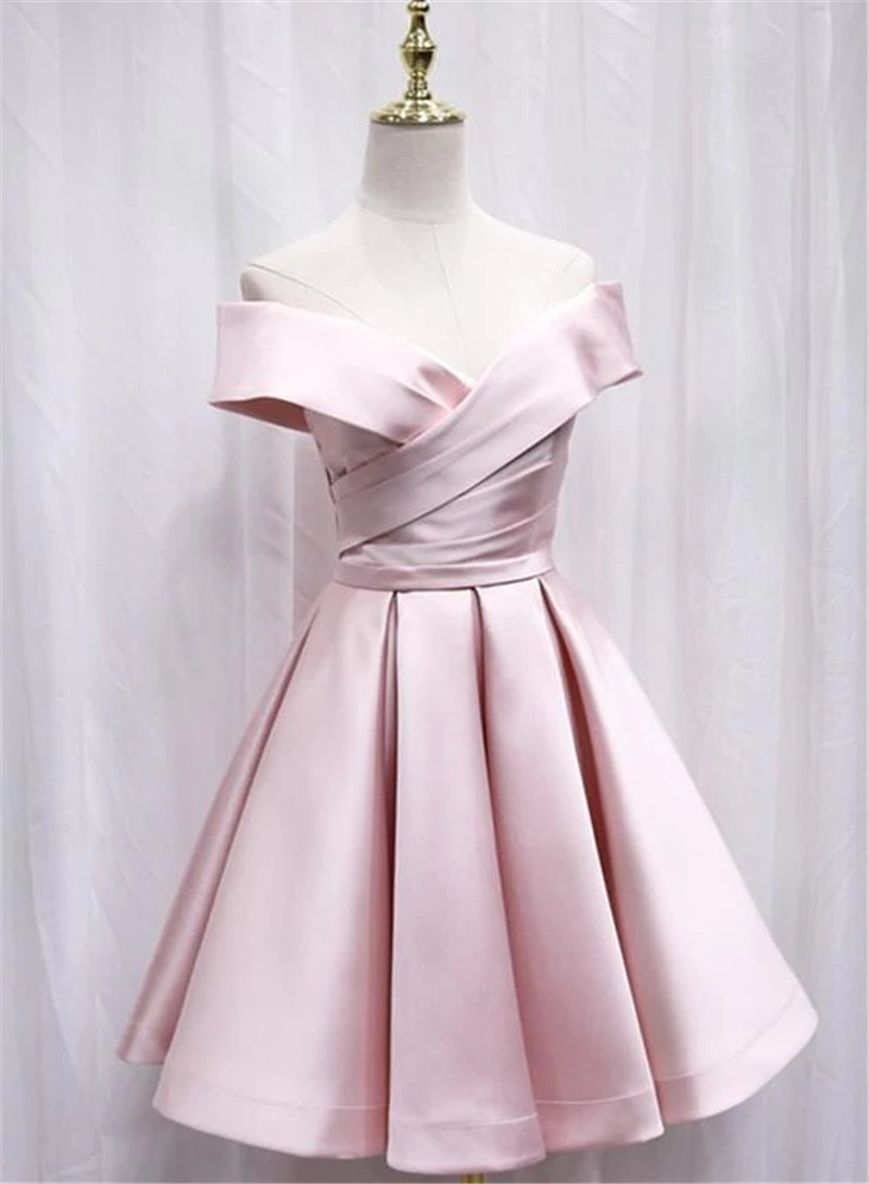 Custom Satin Pink Sweetheart Off Shoulder Knee Length Party Dress Evening Dress Short Prom Dress F53