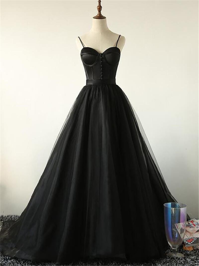 Custom Hand Made Elegant Black Straps Tulle Sweetheart Prom Dress Evening Black Party Dress F56