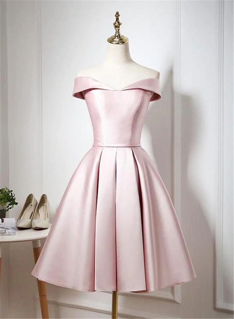 Hand Made Custom Lovely Pearl Pink Off Shoulder Knee Length Party Satin Short Prom Dress F57