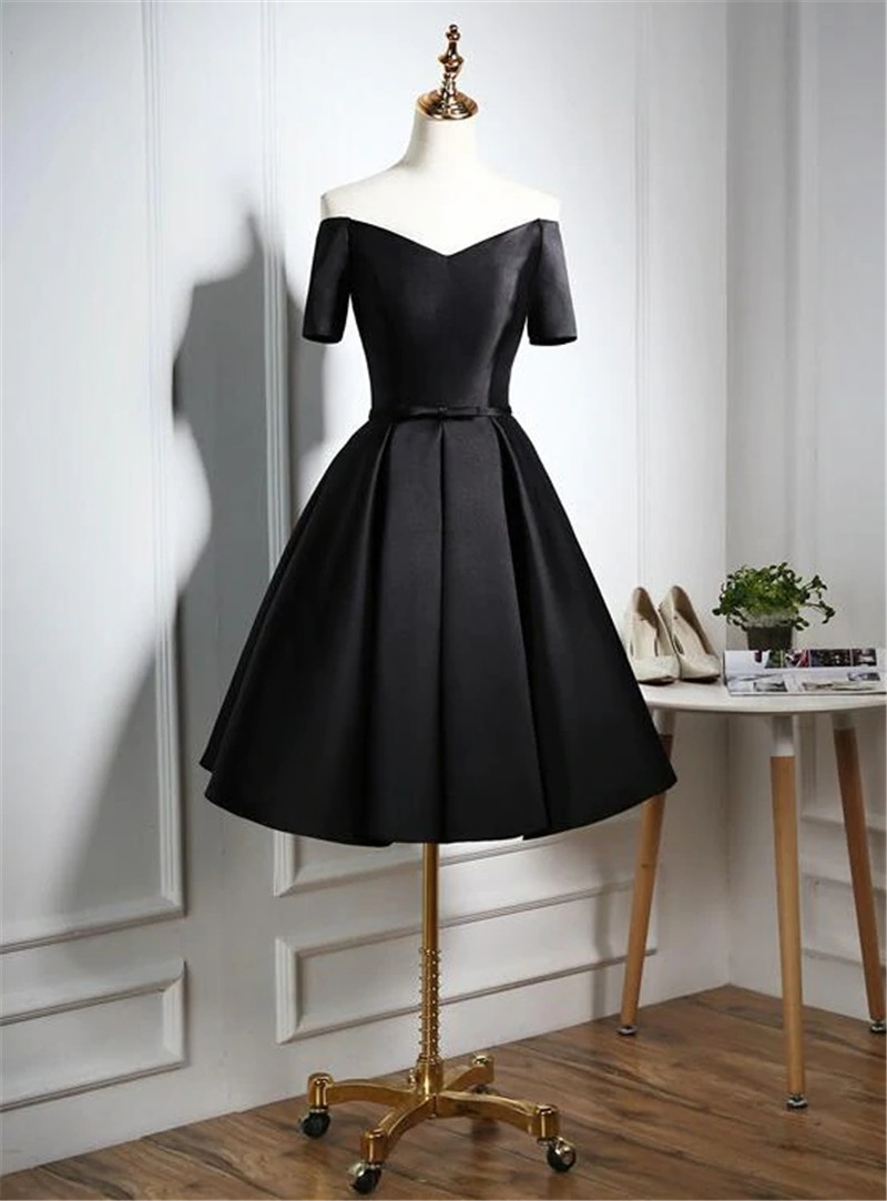 Lovely Black Satin Short Knee Length Prom Dress Evening Dress Party Dress F59