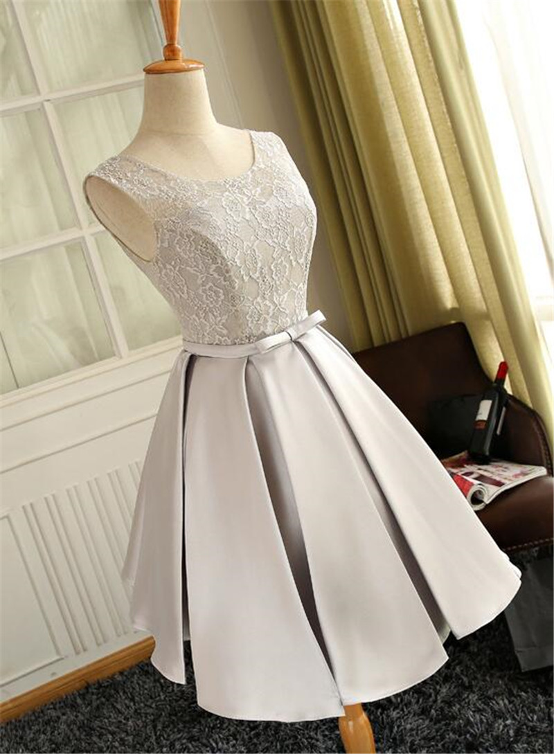 Custom Simple Lace And Satin Knee Length Round Neckline Party Dress Evening Short Prom Dress F68