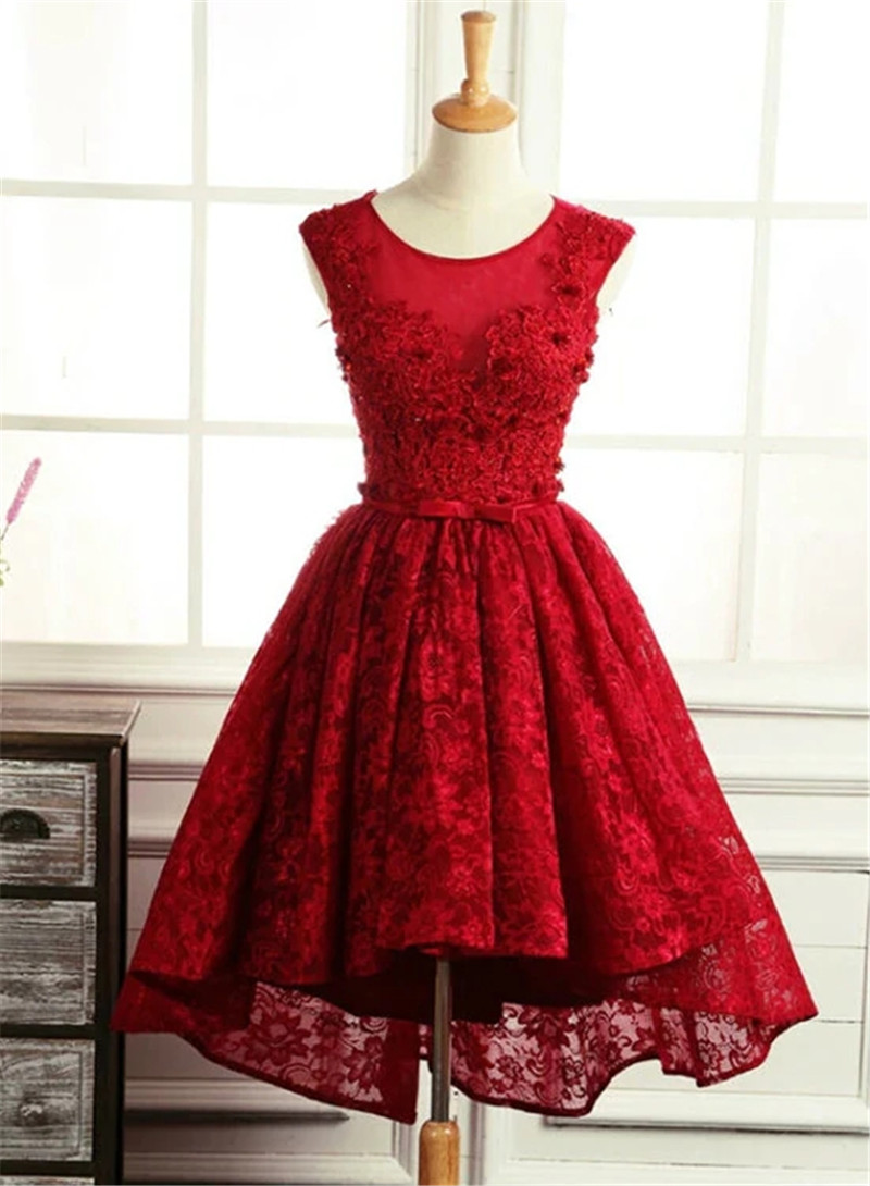 Lovely Hand Made Custom Lace Round Neckline High Low Homecoming Dress Red High Low Party Dress F71